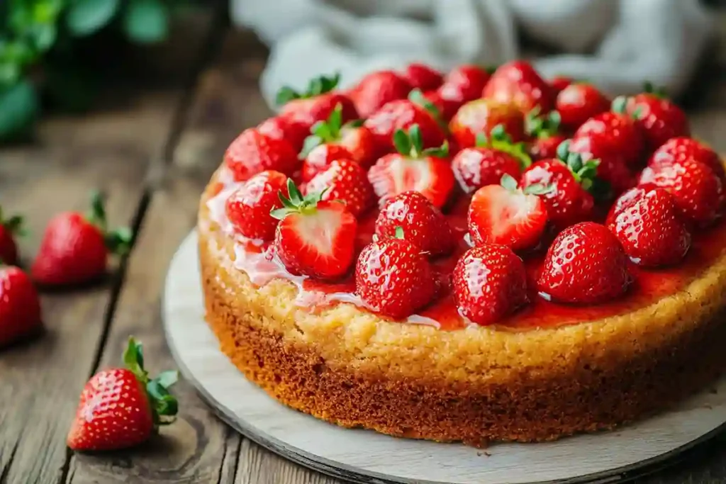 Instant Pot Strawberry Cake on rustic table