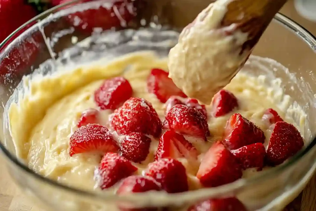Folding strawberries into Instant Pot Strawberry Cake batter