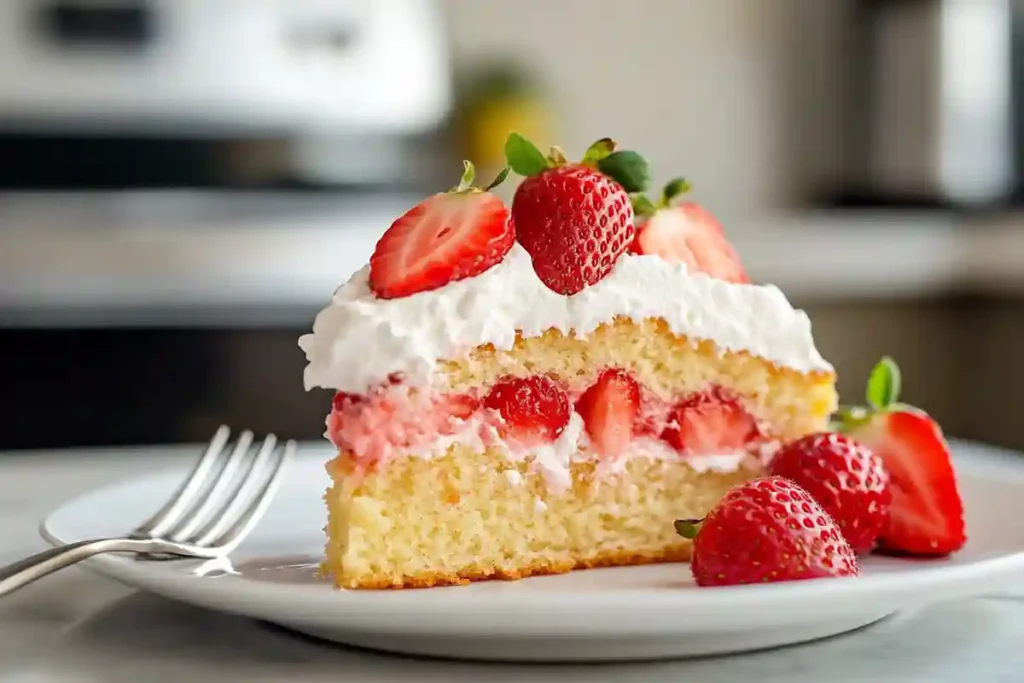 Serving Instant Pot Strawberry Cake with whipped cream