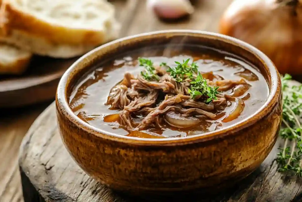 French onion soup pot roast with tender beef and caramelized onions served in rich broth