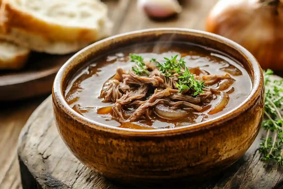 French onion soup pot roast with tender beef and caramelized onions served in rich broth