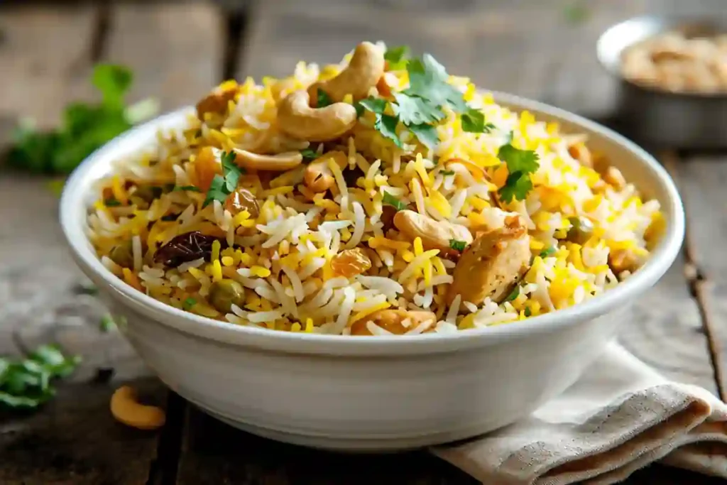 Instant Pot Biryani Chicken served in a white bowl with cashews and mint