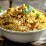 Instant Pot Biryani Chicken served in a white bowl with cashews and mint