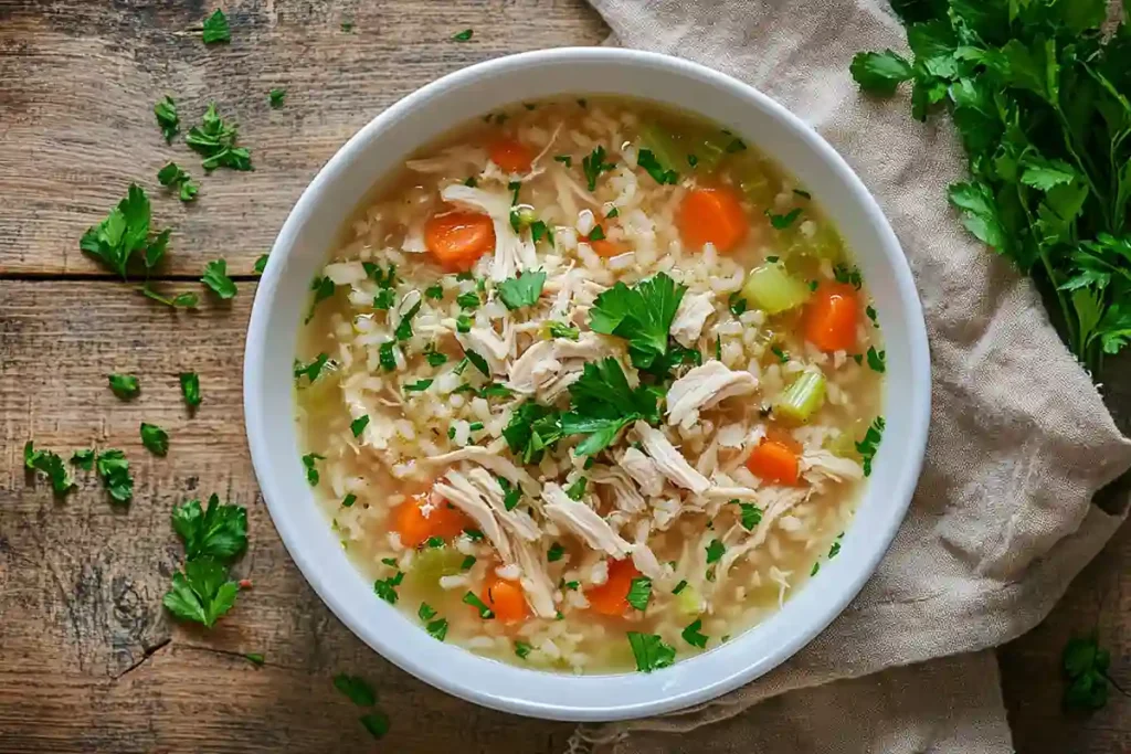 instant pot chicken and rice soup served in bowl