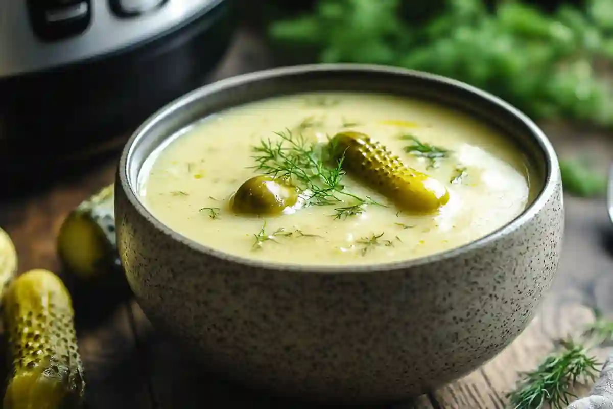 Instant Pot Dill Pickle Soup in bowl with garnish