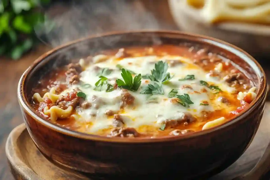 Instant Pot Lasagna Soup in a rustic bowl