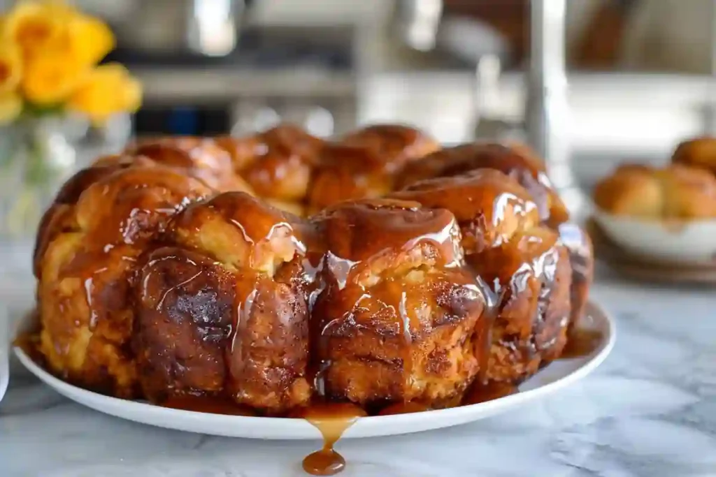 Instant Pot monkey bread on white plate with caramel glaze
