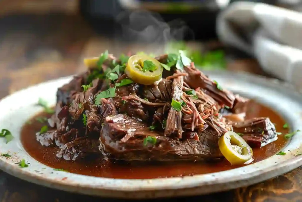 Alt Text: mississippi pot roast instant pot 4 ingredients plated meal