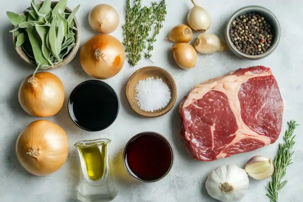 Ingredients for French onion soup pot roast including beef chuck, yellow onions, garlic, broth, wine, and herbs