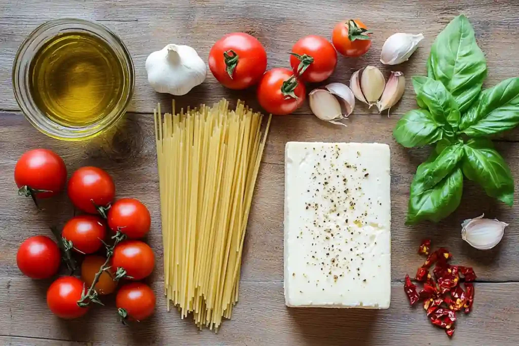 Ingredients for Instant Pot Baked Feta Pasta on wood surface