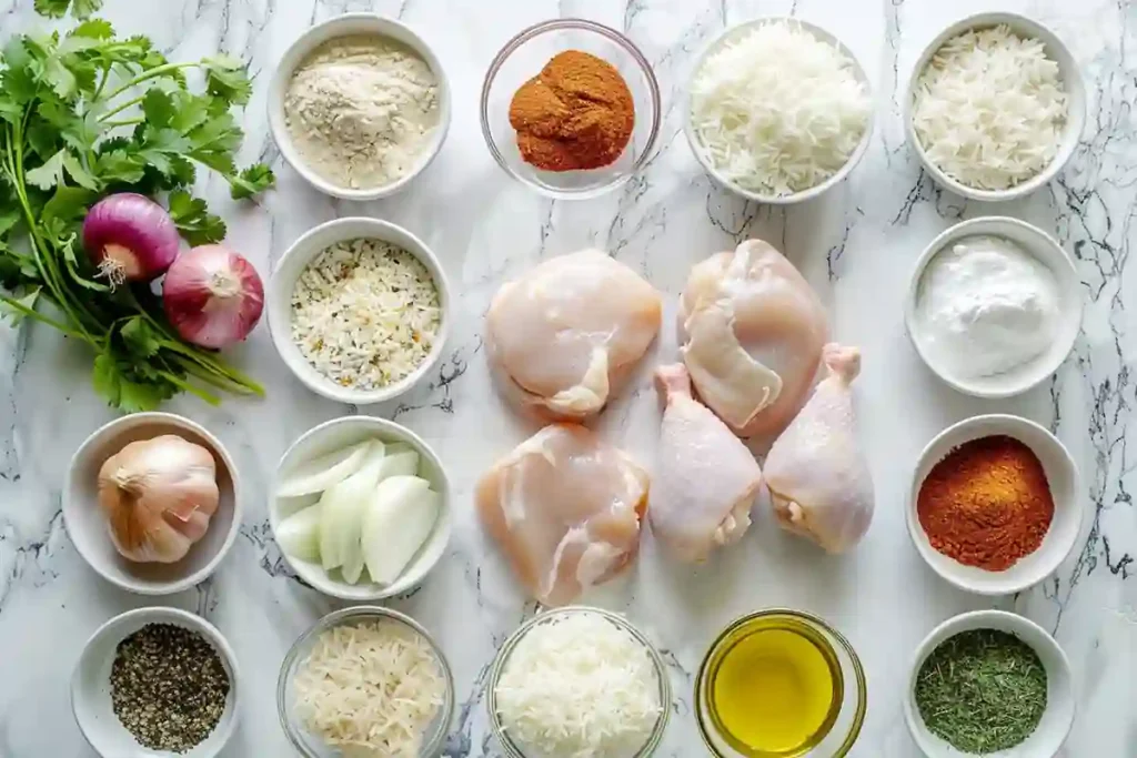 Ingredients for Instant Pot Biryani Chicken arranged on countertop