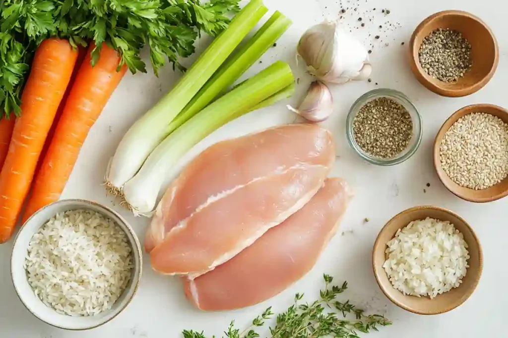 instant pot chicken and rice soup ingredients display