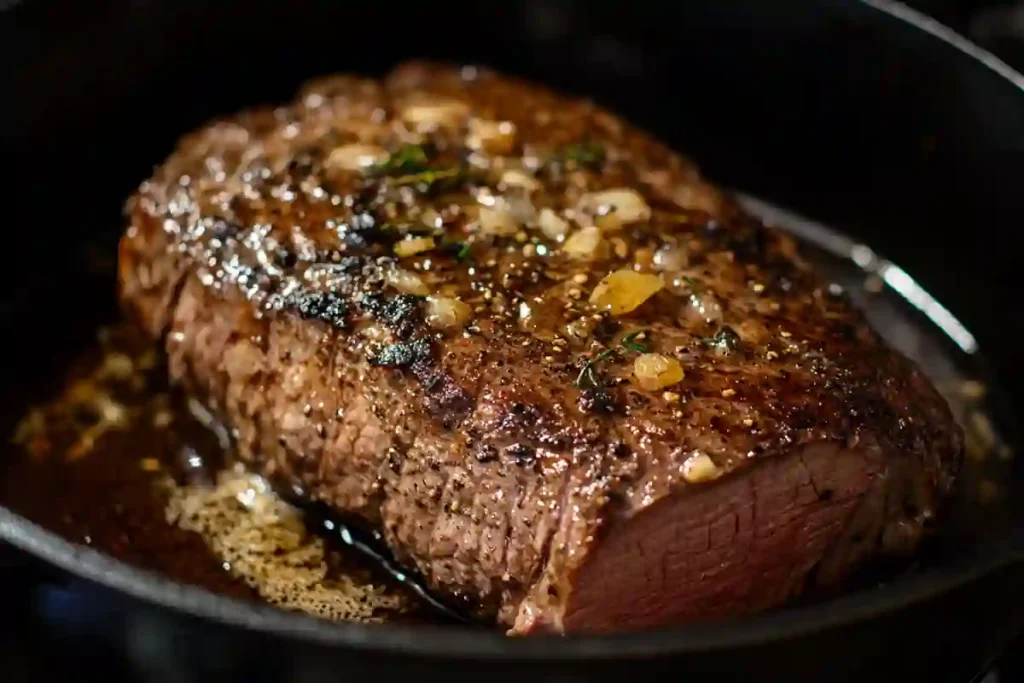 Searing beef chuck roast golden brown for French onion soup pot roast