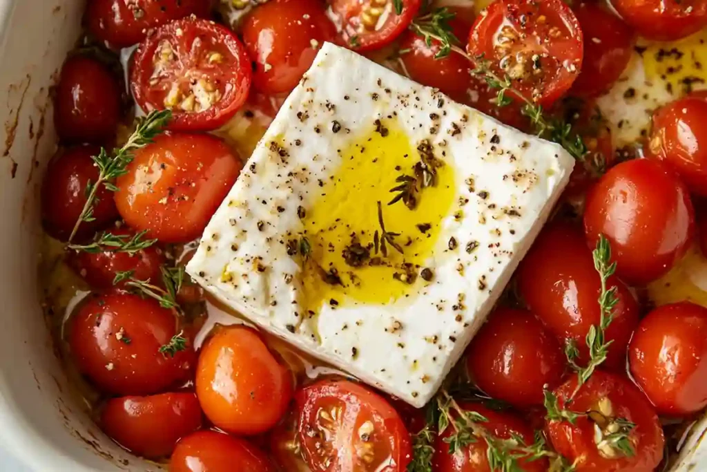 Feta block and cherry tomatoes prepared for Instant Pot cooking