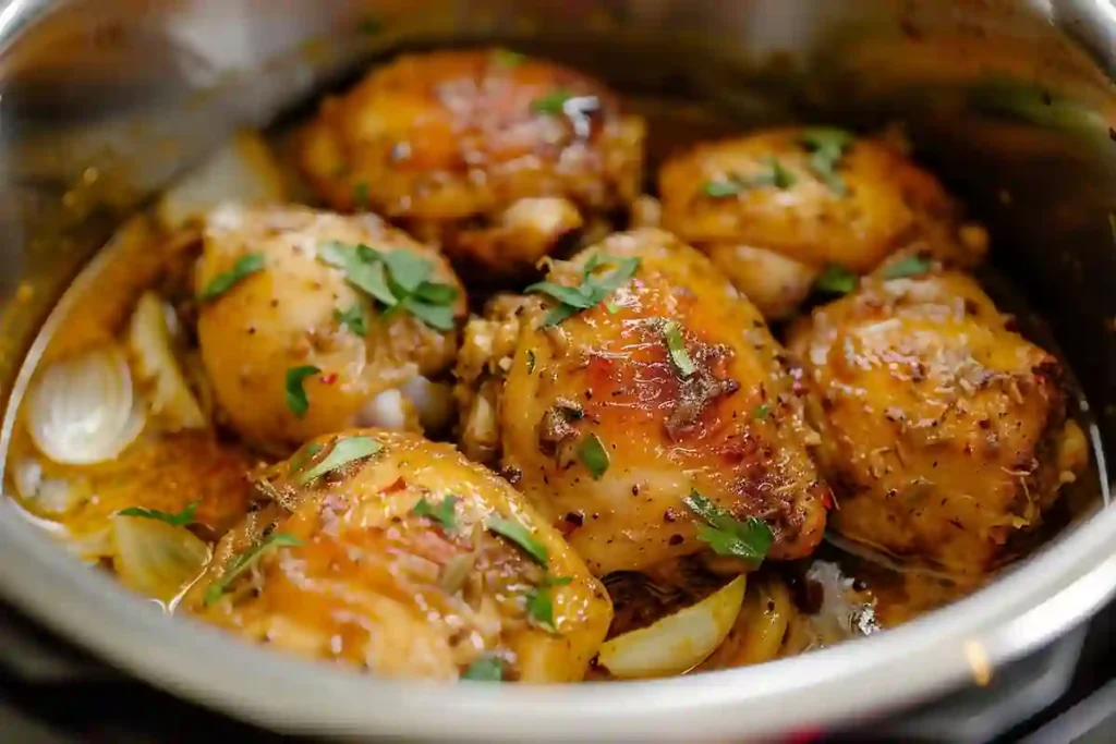 Chicken and spices sautéing in Instant Pot for biryani