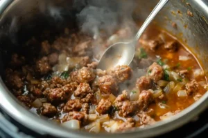Instant Pot Keto Tuscan Soup: Creamy, Hearty & Low-Carb Comfort 11 Sautéing sausage and onions for Tuscan soup in Instant Pot