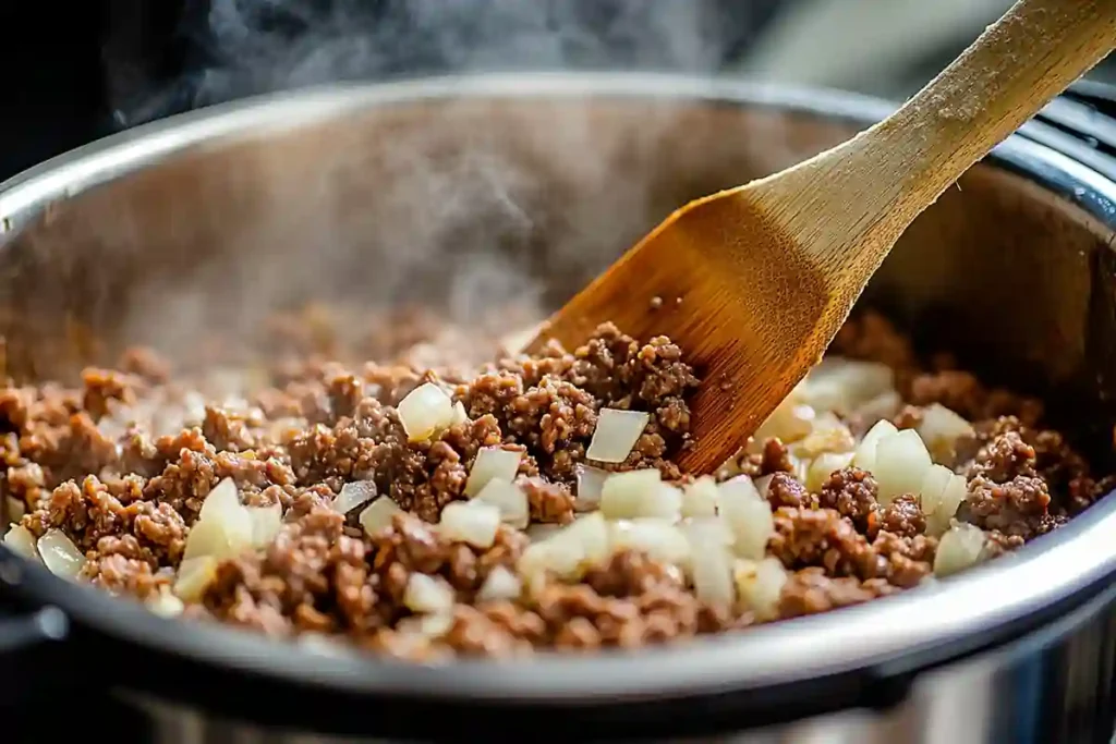 Browning ground beef for Instant Pot Lasagna Soup