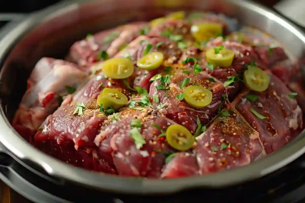 chuck roast in Instant Pot with seasoning and peppers