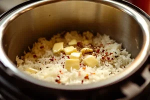 INSTANT POT YELLOW RICE: Easy, Fluffy, and Flavorful Every Time 11 Sautéing garlic and butter in Instant Pot