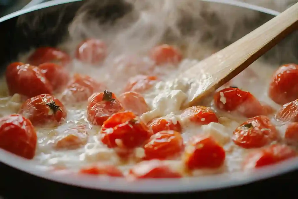 Stirring creamy feta and tomatoes for Instant Pot Baked Feta Pasta