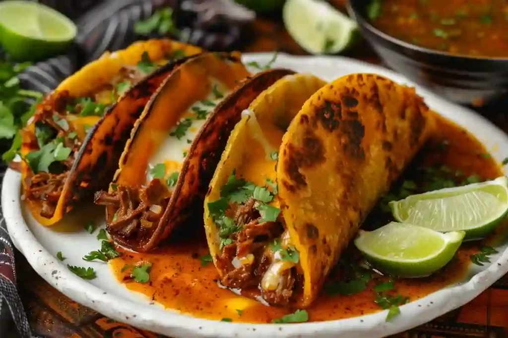 Served Instant Pot Birria Tacos with consommé