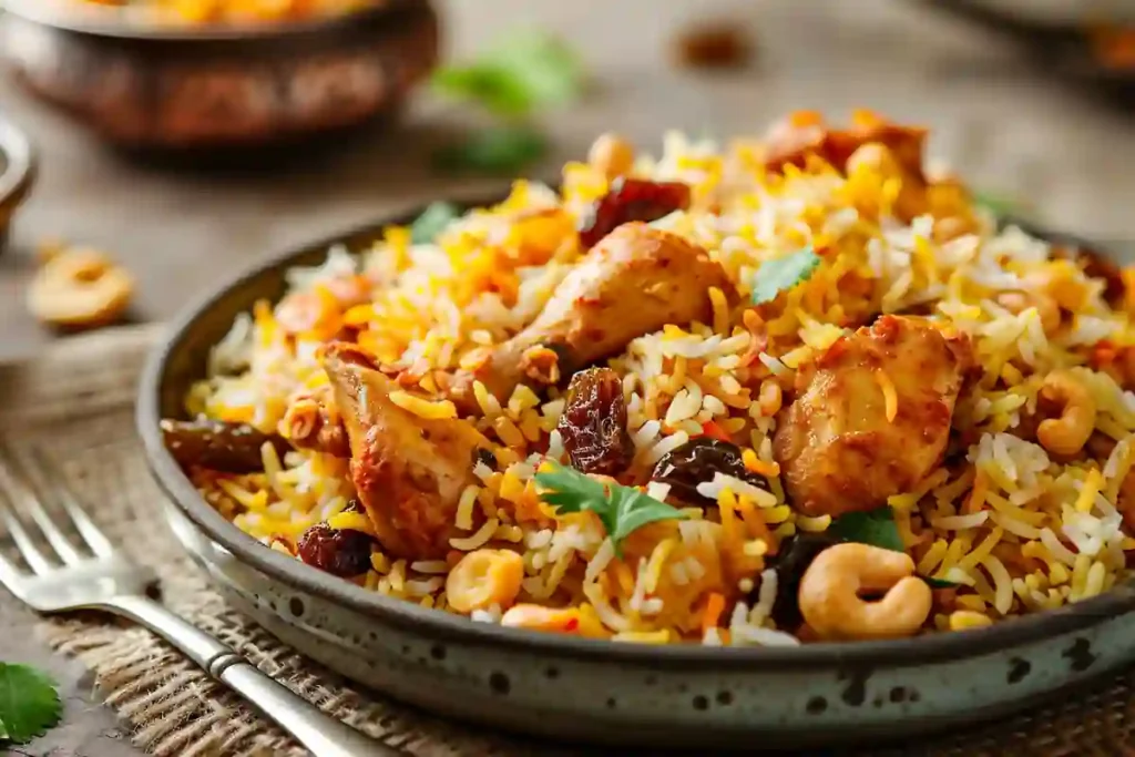 Instant Pot Biryani Chicken served with mint and yogurt raita