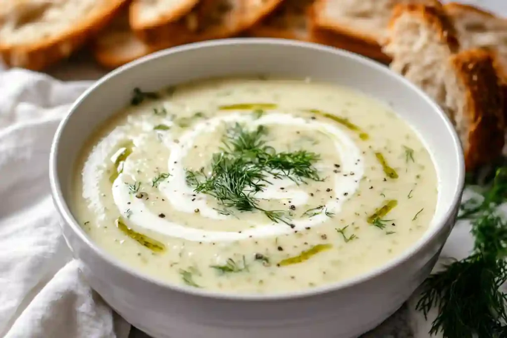 Served Instant Pot Dill Pickle Soup with cream