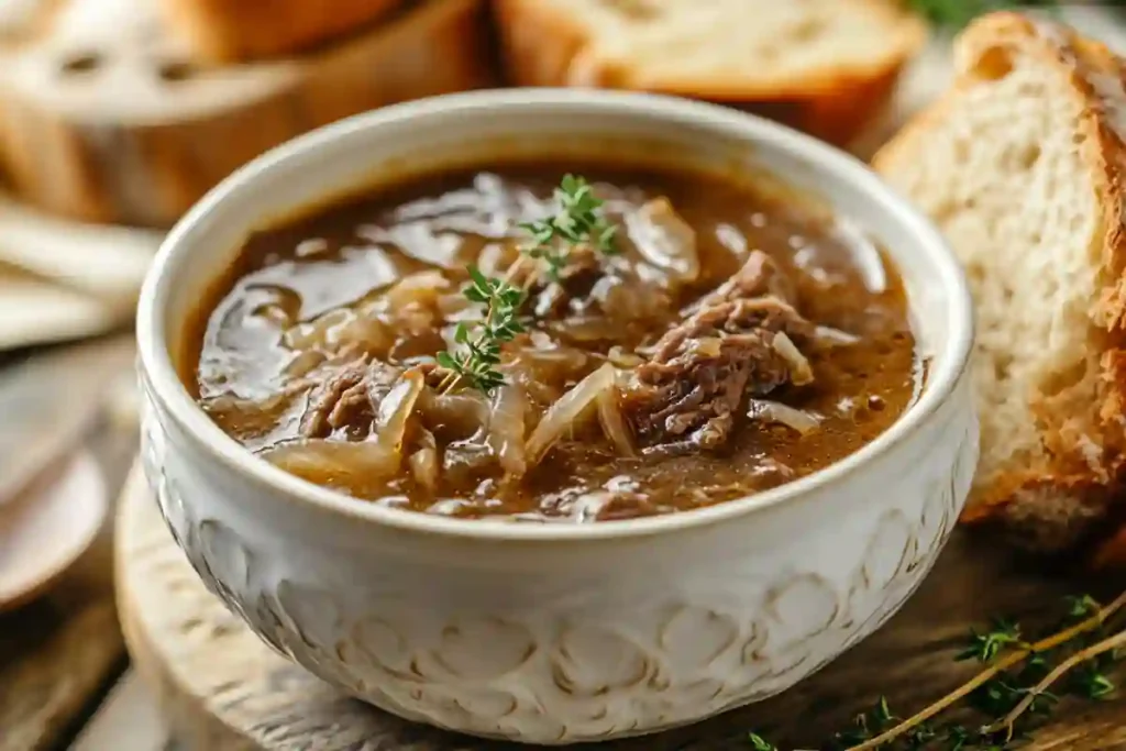 Served French onion soup pot roast with shredded beef, caramelized onions, and thyme in rich broth