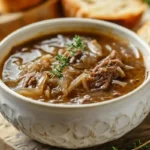 Served French onion soup pot roast with shredded beef, caramelized onions, and thyme in rich broth