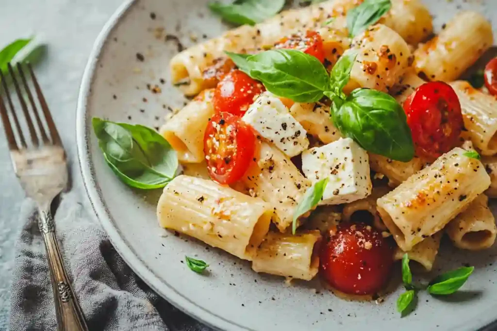 Served bowl of Instant Pot Baked Feta Pasta with basil