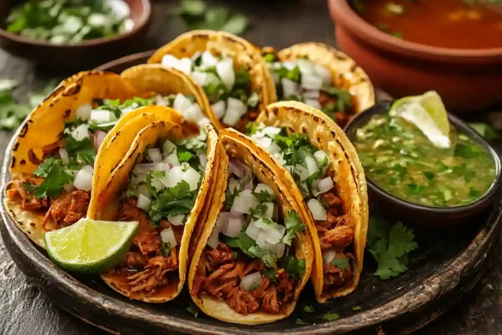 Instant Pot birria tacos served with toppings