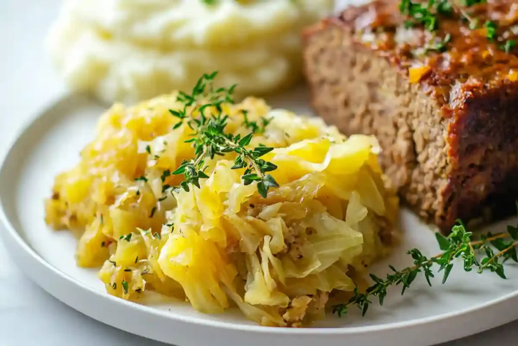 Served Instant Pot cabbage with vegan meatloaf