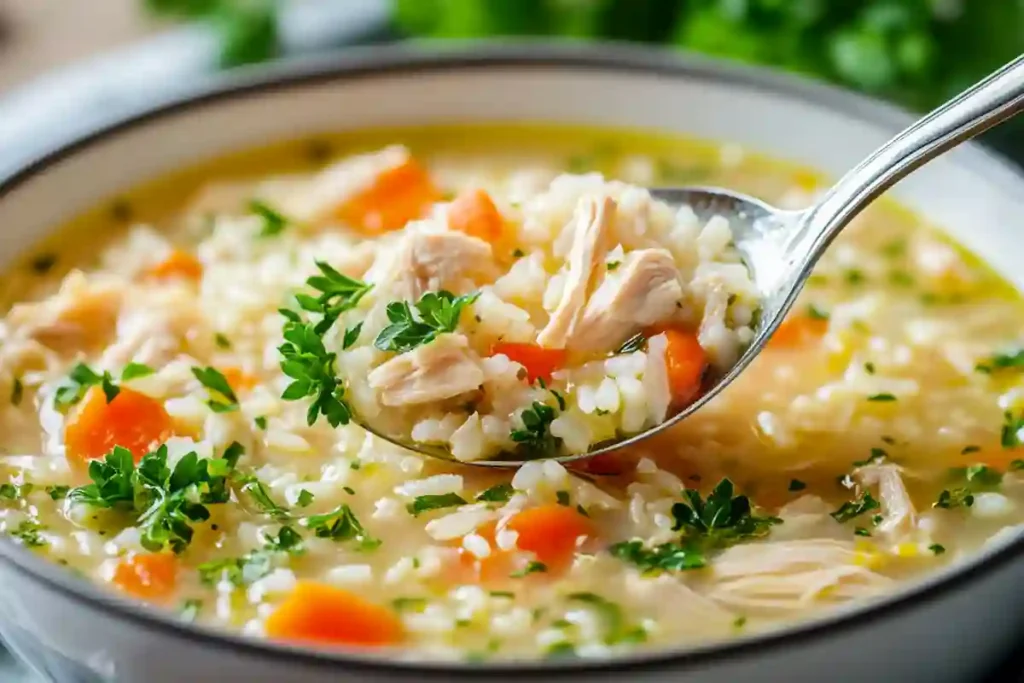 serving instant pot chicken and rice soup in bowl