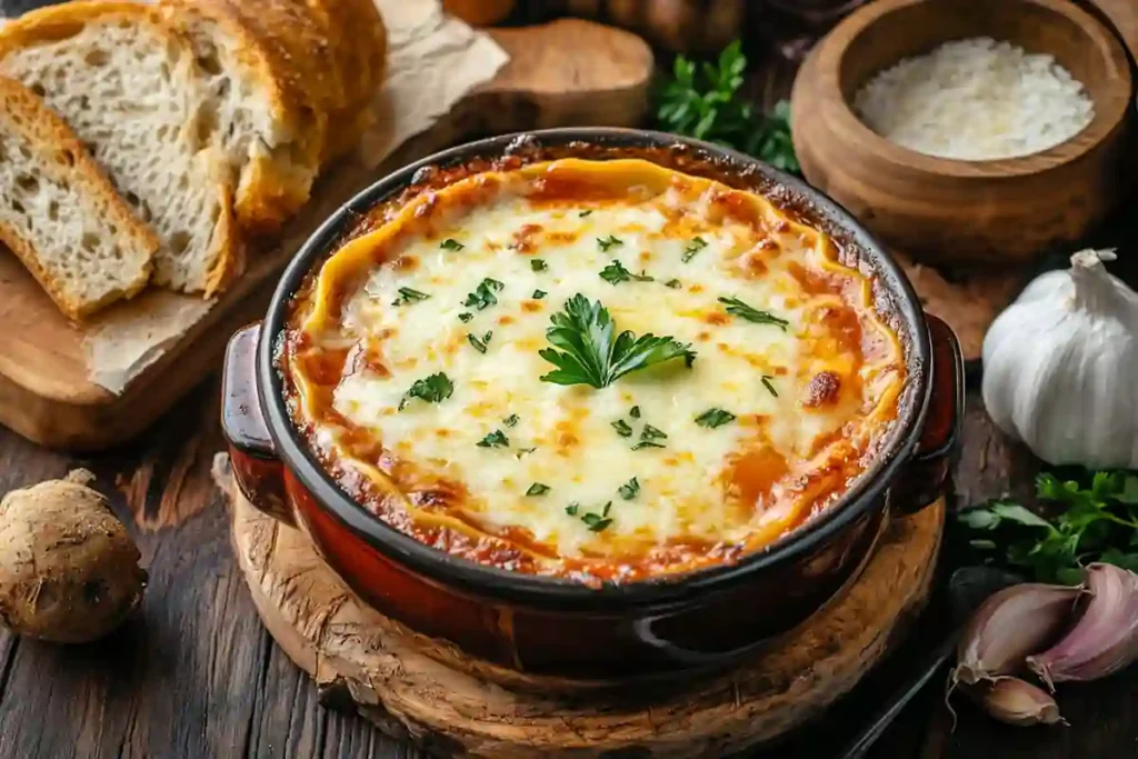 Served bowl of Instant Pot Lasagna Soup with bread