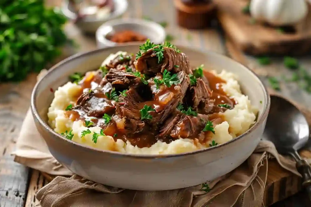 mississippi pot roast instant pot 4 ingredients over mashed potatoes