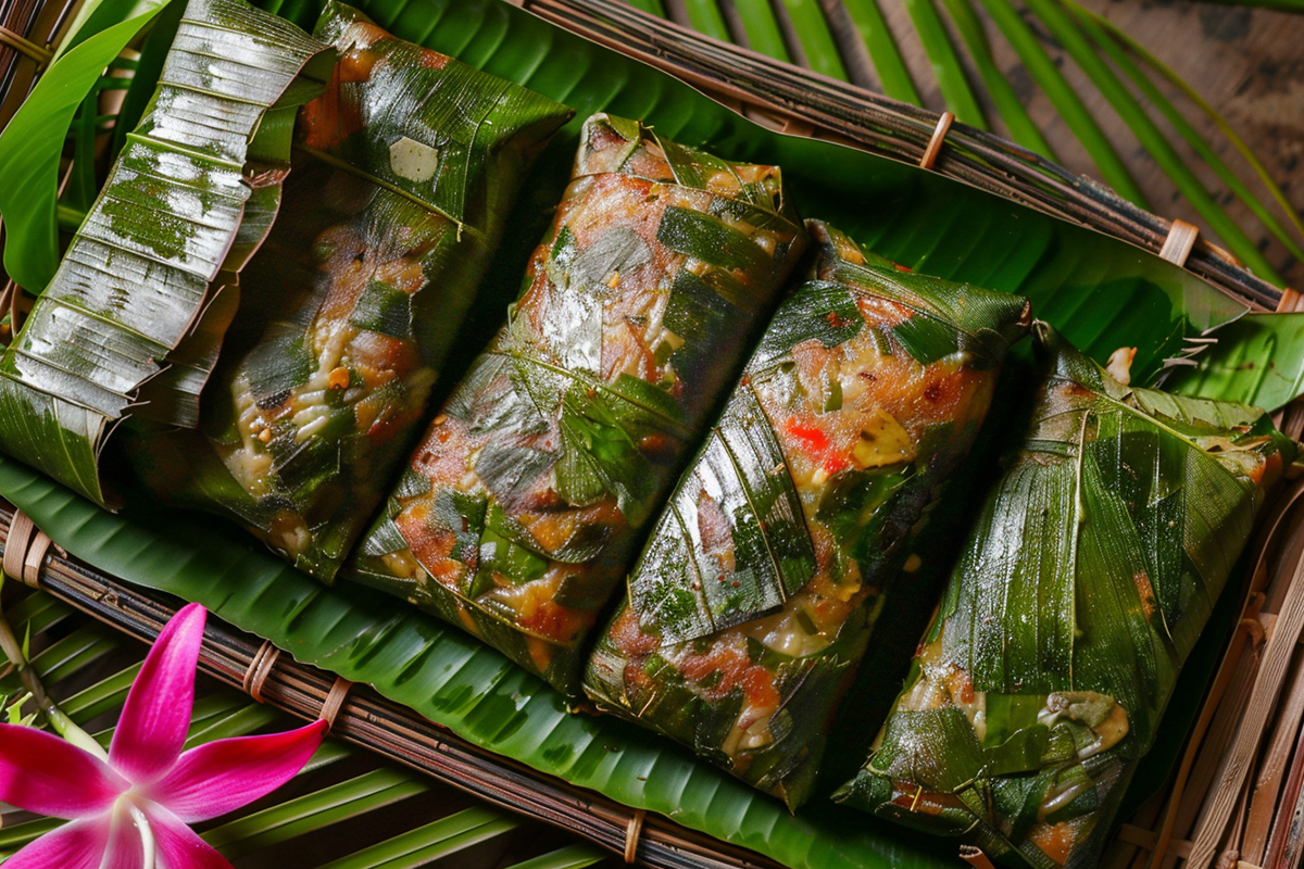 Instant Pot Palusami served in ti leaves with island decor