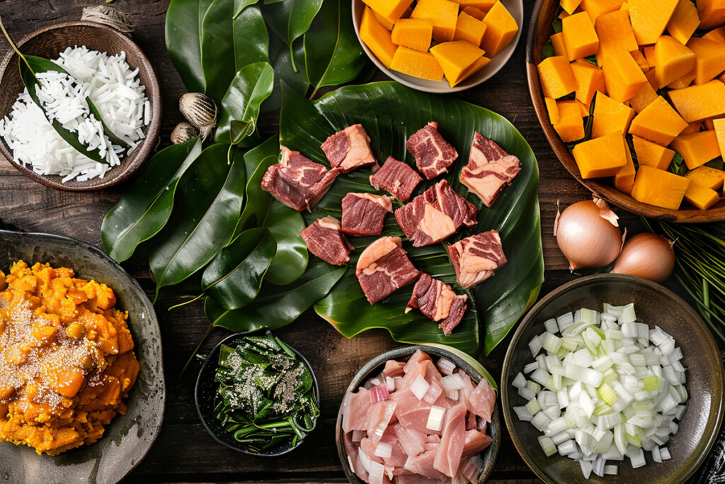 Luau leaves, coconut milk, pumpkin, and corned beef for Instant Pot Palusami
