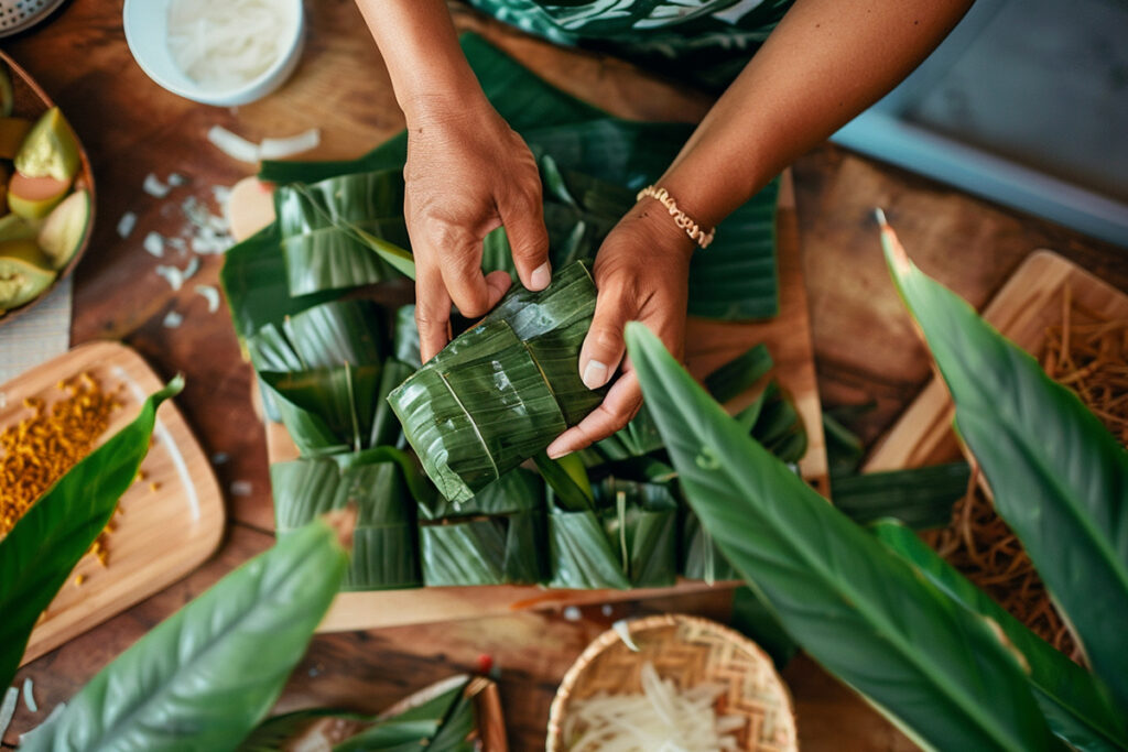 Hands wrapping Palusami in luau leaves