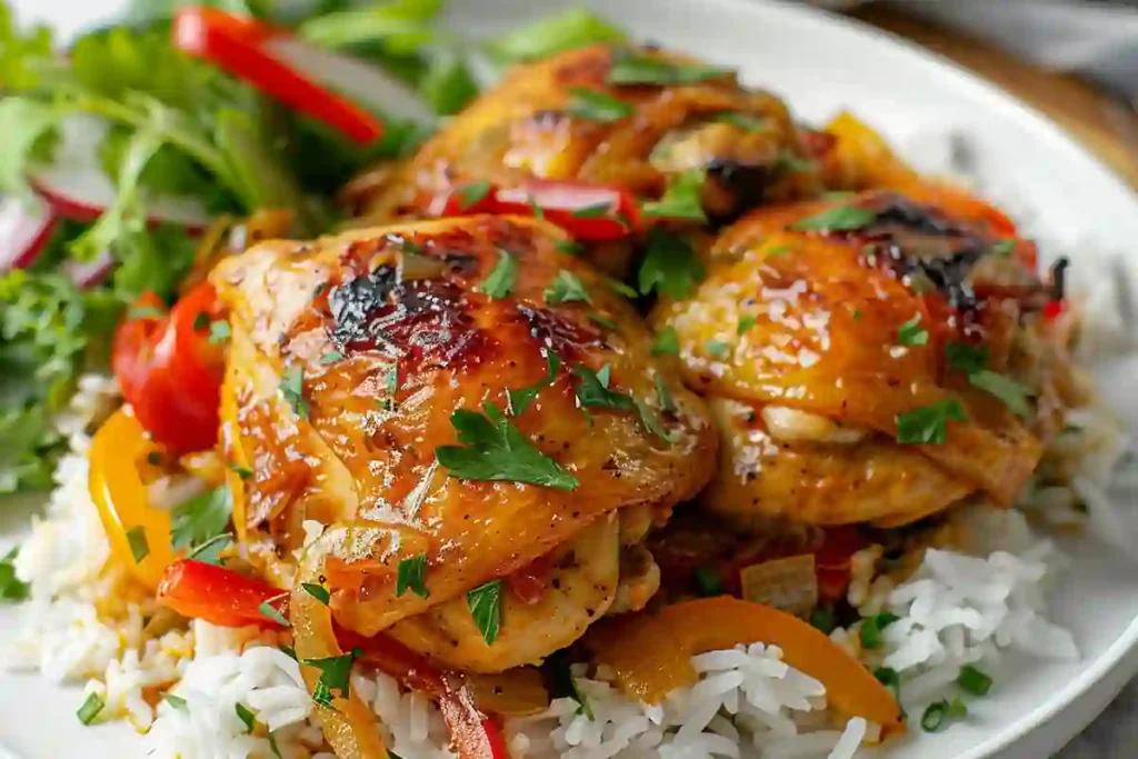 Serving Instant Pot chicken thighs with rice and salad