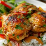 Serving Instant Pot chicken thighs with rice and salad
