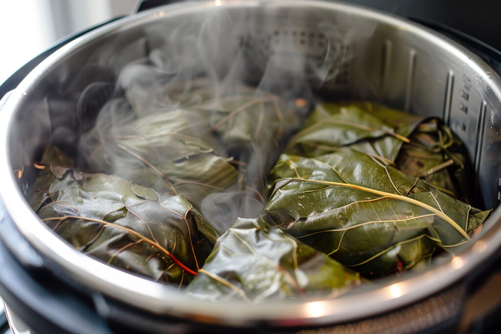 Palusami bundles cooking inside Instant Pot