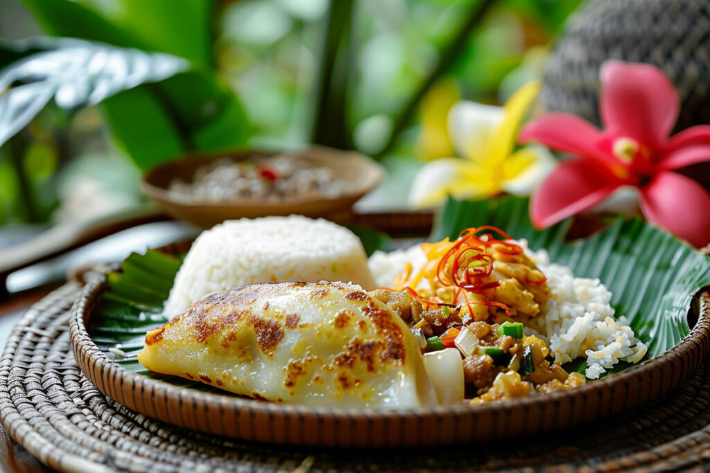 Steaming Instant Pot Palusami served with poi and rice