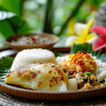 Steaming Instant Pot Palusami served with poi and rice
